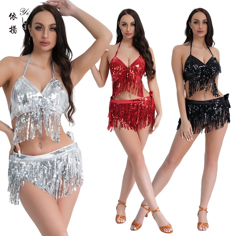 DSPerformance Costume Sexy Belly Dance Jazz Dance Steel Tube Dance Costume Sequins Tassel Dress Fest
