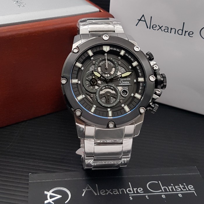 ✅Ori Jam Tangan Alexander Christie 6564 Pria - Silver Black Rantai Bisa Gojek