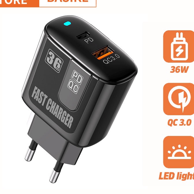 [P18☀] Charger Adaptor 36W Type C + USB Fast Charging kepala charger Universal BASIKE Mini Dual Usb 