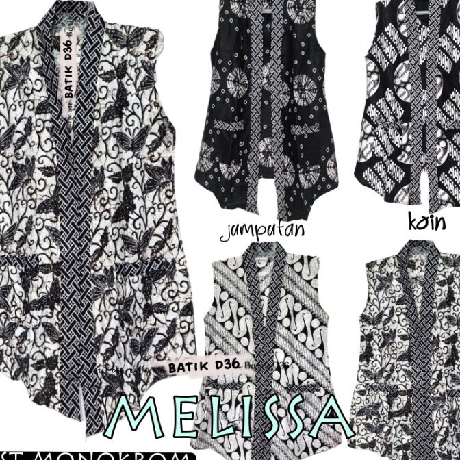 (M62☛) Vest monokrom katun saku ada jumbo melissa Baju luaran tanpa lengan motif batik wanita remaja