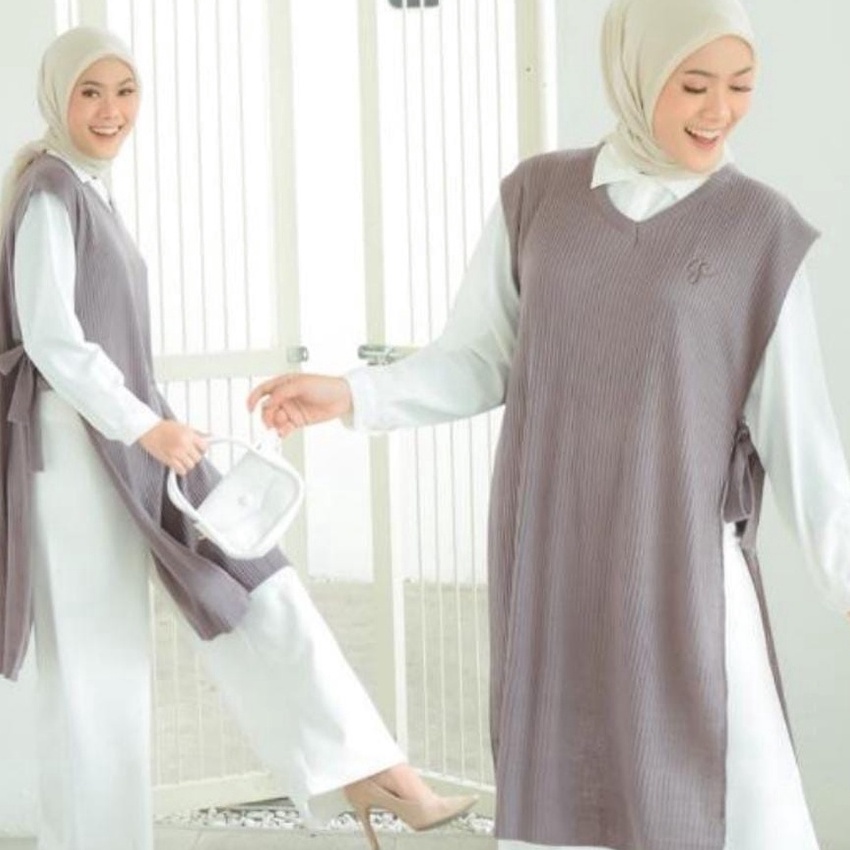 (S68✔] Vest Rajut Salur Kerah V Panjang / Rompi Rajut Premium /Vest Rajut Oversize Panjang㊚..