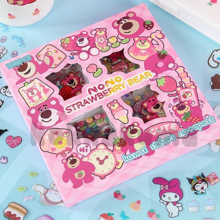 

DZJQ8212 ( KKM ) Sticker LOTSO Karakter Beruang Strawberry Aesthetic isi 100 Lembar 1 Box Waterproof Stickers