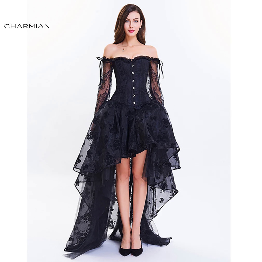 Charmian Steampunk Corset Dress For Women Victorian Vintage Off Shoulder Floral Lace Sleeve Corset T
