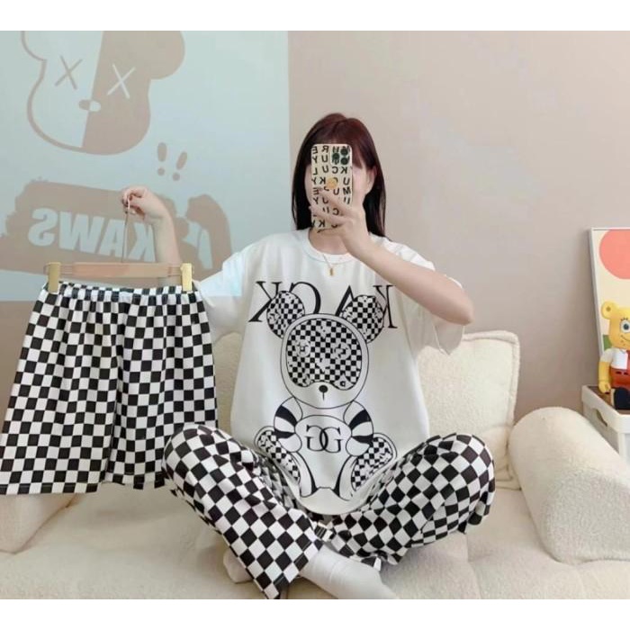 BAJU TIDUR SETELAN 3 IN 1 WANITA PIYAMA IMPORT BAHAN KAOS SPANDEK