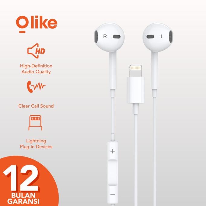 Olike E12 Kabel Earphone Iphone 12 13 Lightning Headset Handsfree Mic