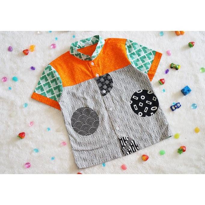 ~CUTEVINA~ FASHION KEMEJA BATIK ANAK COWOK CORAK HITAM ORANGE 4-12TH KEPINTAMA5