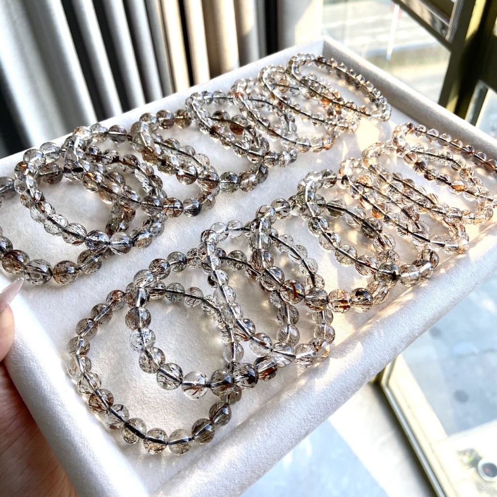 Putih Alami Tubuh Air Hitam Emas Super Tujuh Rambut Gelang Kristal Brazil Gelang Cincin Manik-manik 