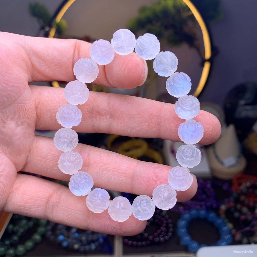 Kristal Batu Bulan Biru Alami Diukir Manik-manik Teratai Gelang Lingkaran Tunggal Gelang Labradorite