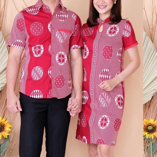 Early- Couple Set Cheongsam Dress Qipao Sangjit + Kemeja Pria Red Cny Psc