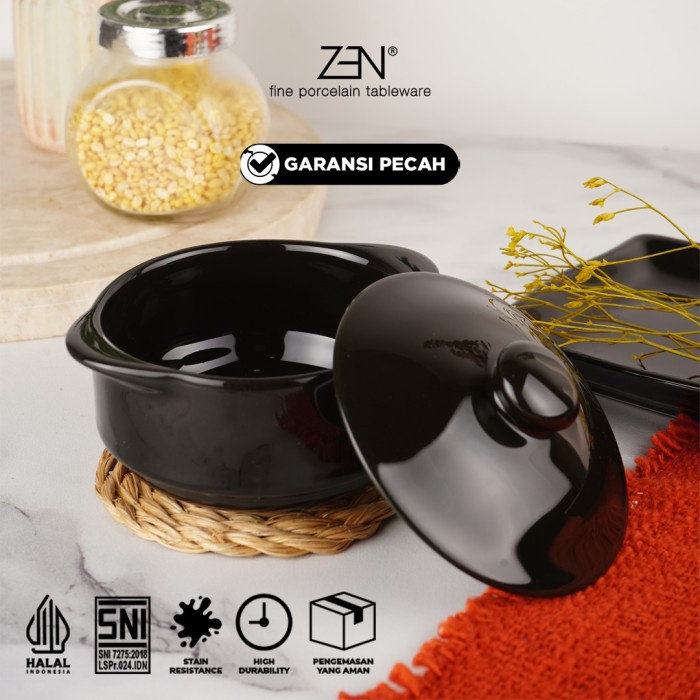 Promo Zen Mangkok Kecil Keramik+ Tutup / Soup Cup Black Diameter 12 Cm Terbaru