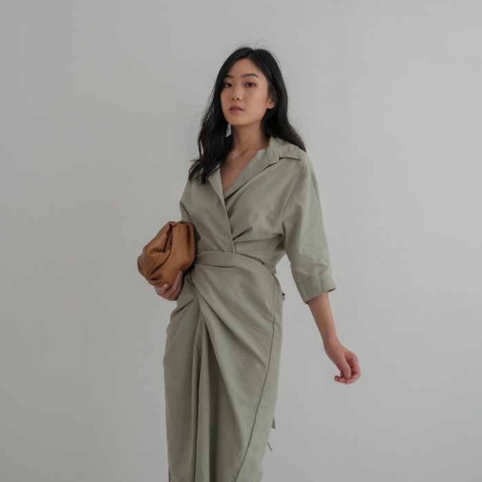 Yang Dress Maxi Linen Polos Terusan Panjang Wrap Skirt Lengan Panjang