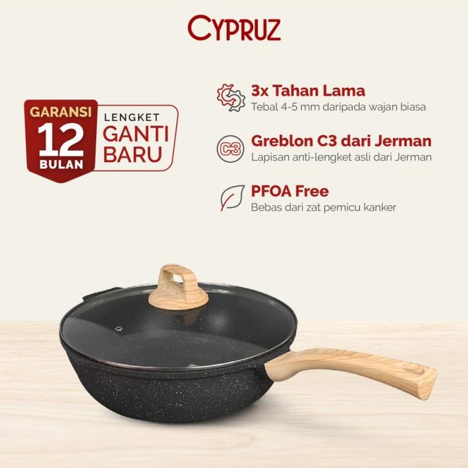 ] wok pan granite diecast + lid kaca fry wok cypruz wajan anti lengket