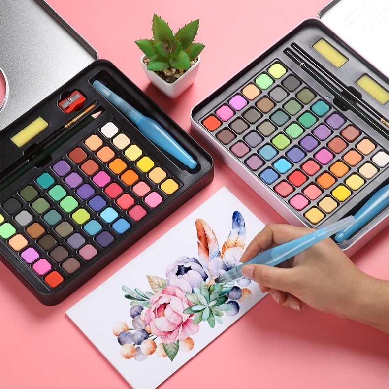 

48 Watercolor Alat Cat Air Termasuk Kuas Dan Kertas Gambara Set Kotak Kaleng Cat Air Padat Lukisan