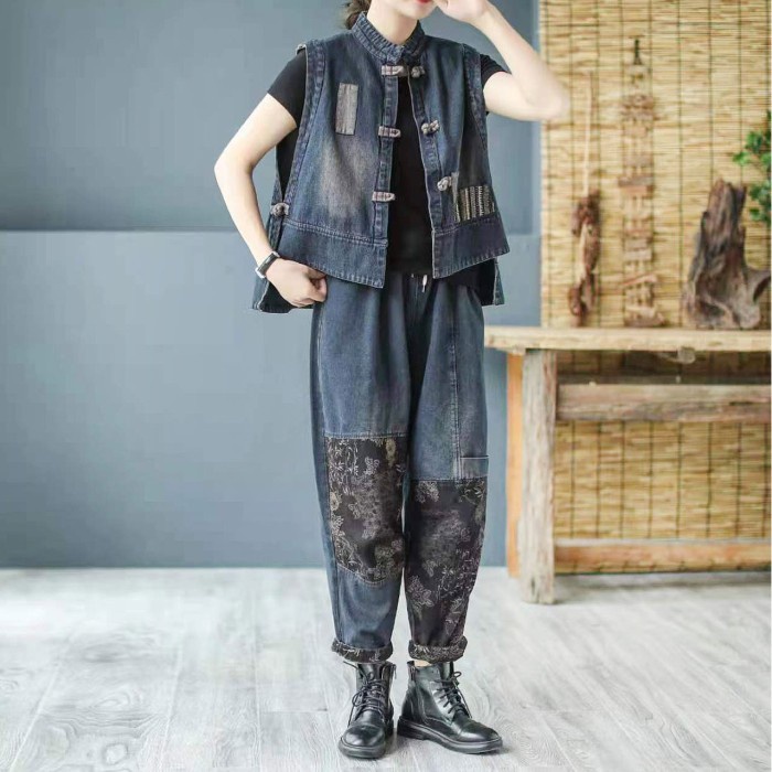 Vest Rompi Denim Jeans Oversized Kancing Shanghai Biru Hitam Import