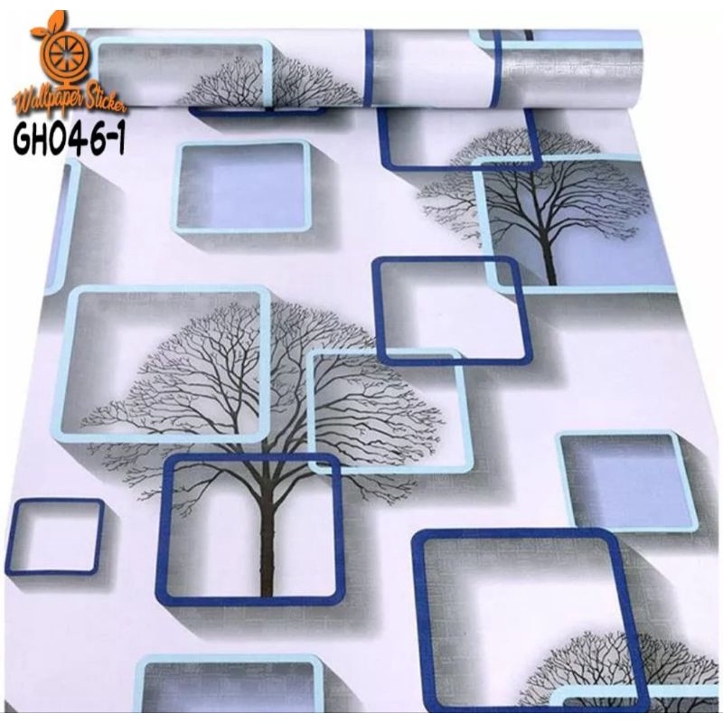 Wallpaper Stiker Dinding ukuran 45cmx10m motif gh046-1 kotak 3d warna biru embos karakter polos bati