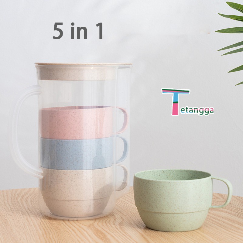 Set Teko Dan Gelas Plastik Cangkir Keramik Air Teapot 5 Pcs Jumbo 4 Liter Tahan Lama Pitcher Glass W