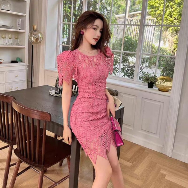 0917 Peacella Lace Bodycon Dress Lengan Pendek Sifon CNY Imlek Brokat elegant wear premium Quality C