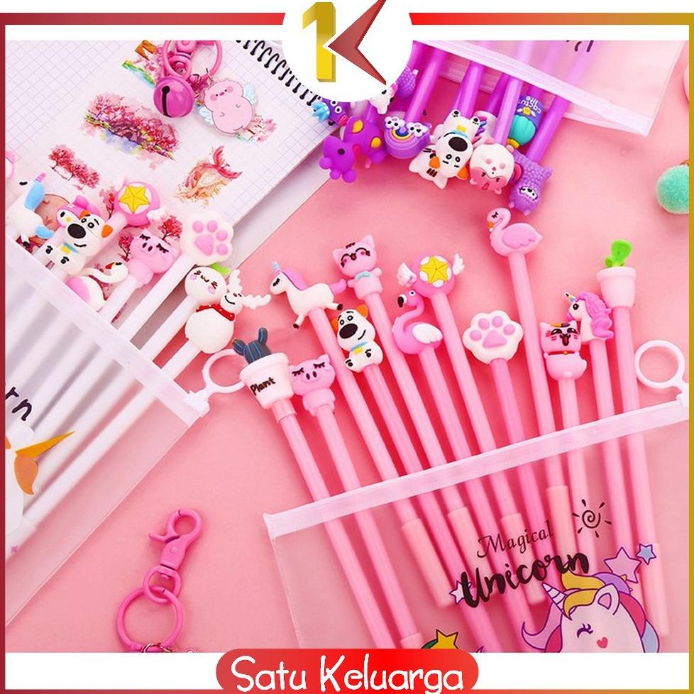 

TERMURAH SK-A15 Pulpen Gel Karakter Lucu Set Isi 20PCS Pena FREE Zipper Pouch Tempat Pensil Transparan Murah PROMO