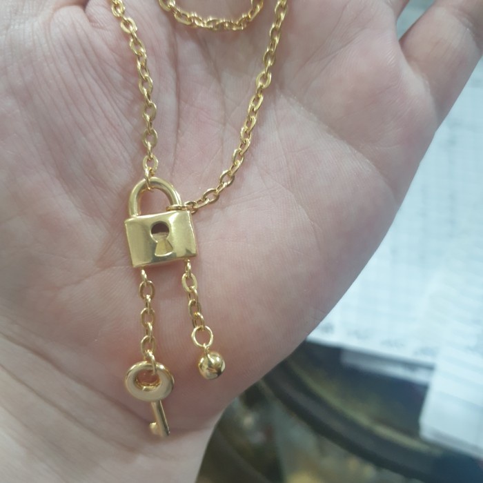 ✨Sale Kalung Nori Korea Gembok Kunci Aegyo Emas Asli 375 8K Permata Putih Limited