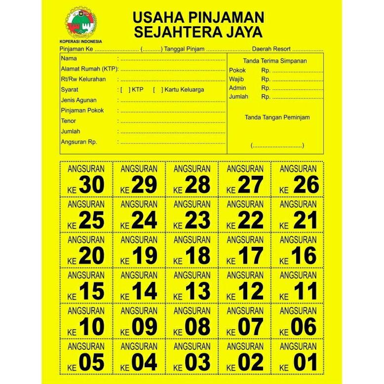 

Miliki cetak buku angsuran koperasi / cetak kartu pinjaman koperasi / cetak promise koperasi / per 100 lembar ,,