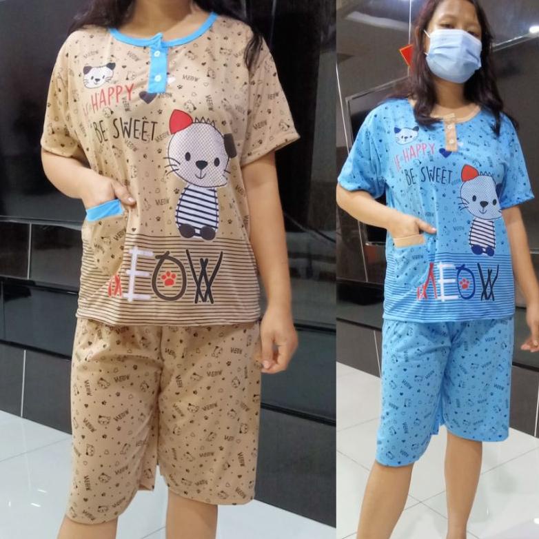 Baju Tidur Wanita Cantik Set 3/4 Babydoll Bahan Kaos Tebal Standart Dewasa