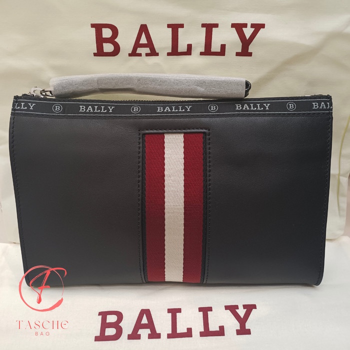 ✨Sale Tas Pria Bally Haig Clutch Bag Pouch Leather Black Stripe Red Bisa Sameday
