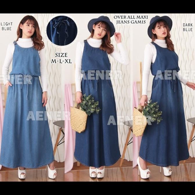Ready Gamis Overall Maxi Dress Jeans Rok Panjang Kodok Wanita Berkualitas