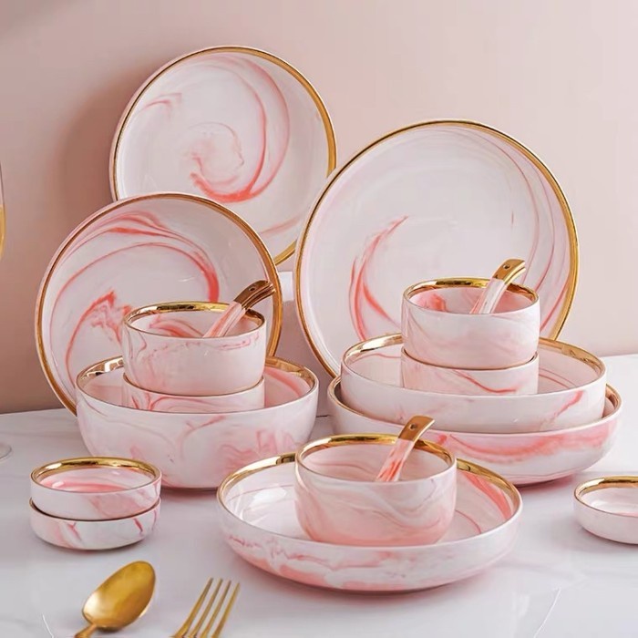 Promo Pink Marble Plate Set / Paket Piring Keramik Marmer Pink List Emas