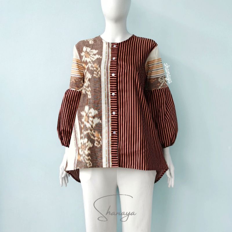 STYLISH MODERN Shanaya Baju Batik Wanita Blus Tenun Kombinasi Katun Salur dan Toyobo Yoona Blus