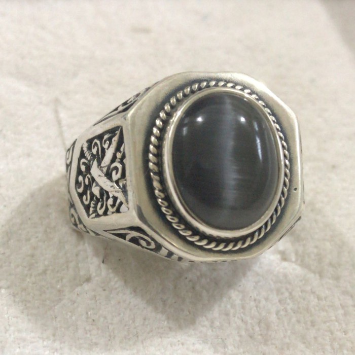 Mei Cincin Ring Perak Silver Bali Asli 925 Ukir Segi Delapan Batu Natural