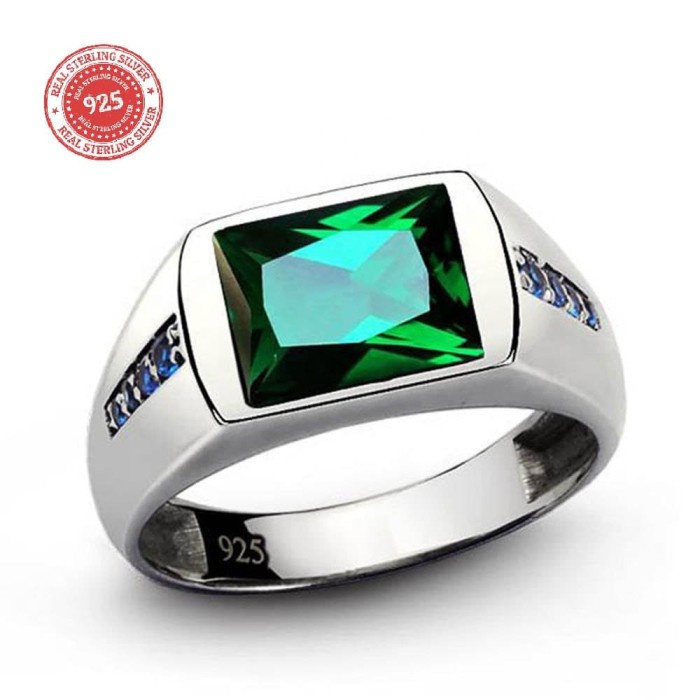 Mei Cincin Pria Asli Perak 925 Silver Pave Emerald Tanzanite Zircon