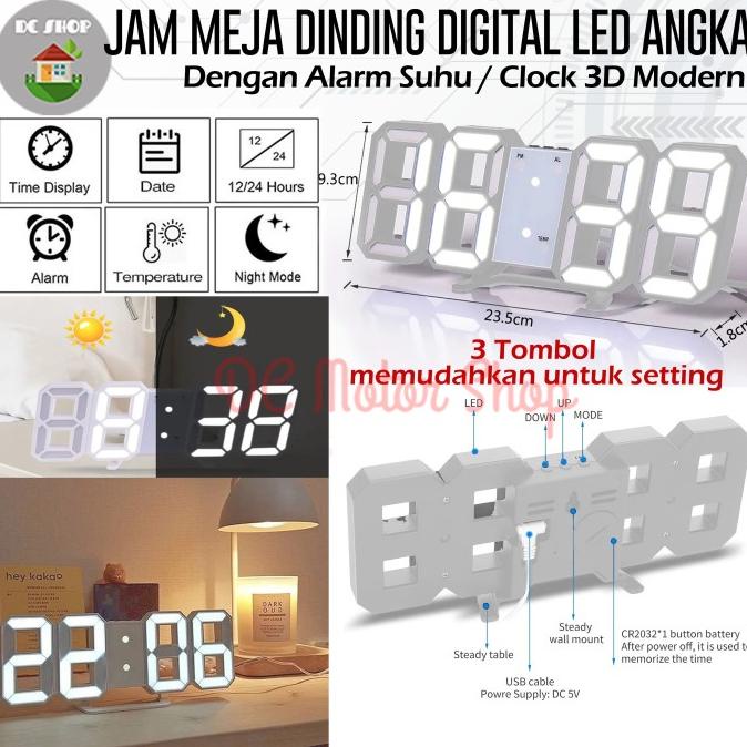 

Jam Meja Dinding Digital LED Angka Dengan Alarm Suhu / Clock 3D Modern