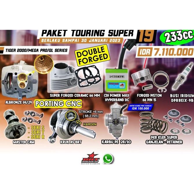 Paket Touring 19 Tiger BRT-Head-Kruk AS-Karbu PE PWK-Per Klep-CDI-Cam