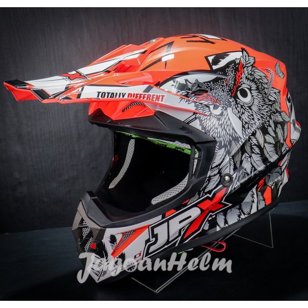 Jpx Helm Cross Fox 1 X13 Owl Luky Seven -Fluo Red Doff -Fox1 Trail