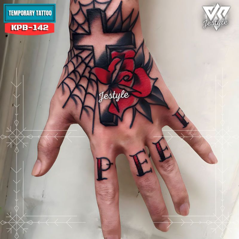[KPB-142] Tato Temporer Temporary Tattoo Kepal Tangan mawar salib