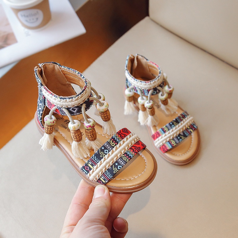 Bohean Trendi Bayi Perempuan O-Toe Gladiator Roman Sandal Vintage Rumbai Sol Lembut Anti Licin