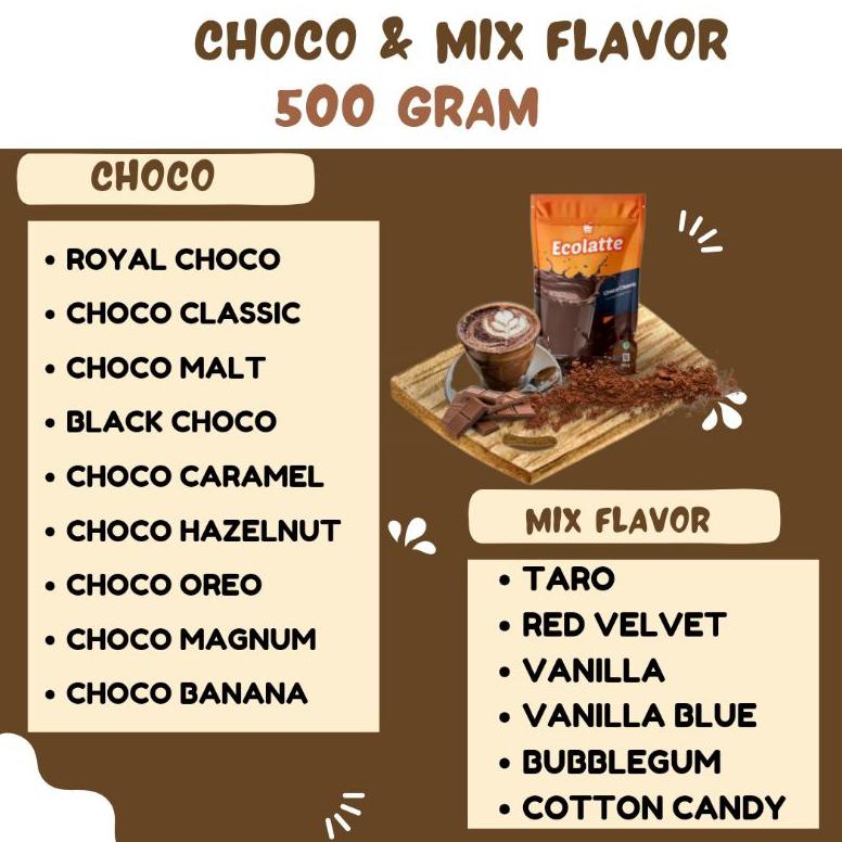 

Special - ECOLATTE POWDER 500gr VARIAN COKLAT & MIX FLAVOR