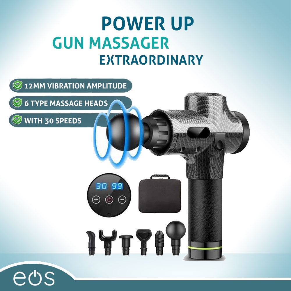 Massage Gun Alat Pijat Getar Terapi - Hitam, 30 Speed 6 Head