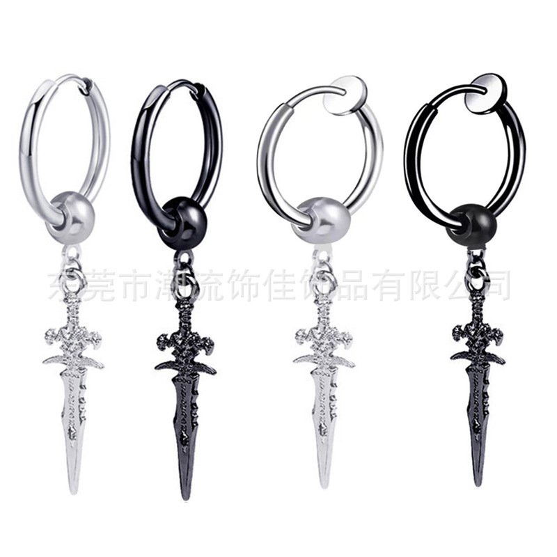 Anting Unik Retro Pria, Anting Jepit Telinga Bentuk Pedang Trendi Gaya Silang