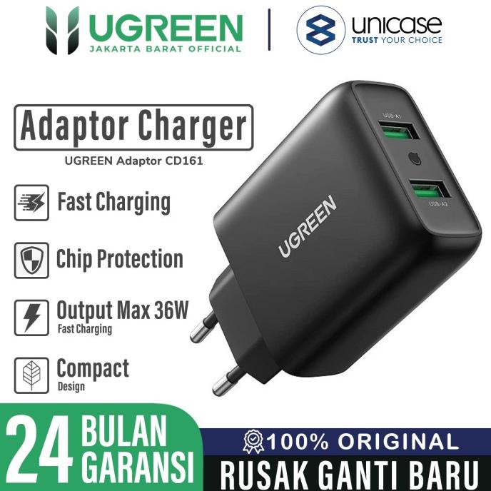 Wall Charger Kepala Adaptor Dual Port USB UGREEN 36W QC Fast Charging