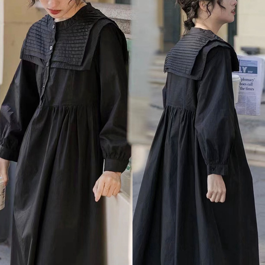 DRESS KATUN POPLIN KREM BIRU MUDA HITAM HIGHWAIST KERAH SEGI PLEATS