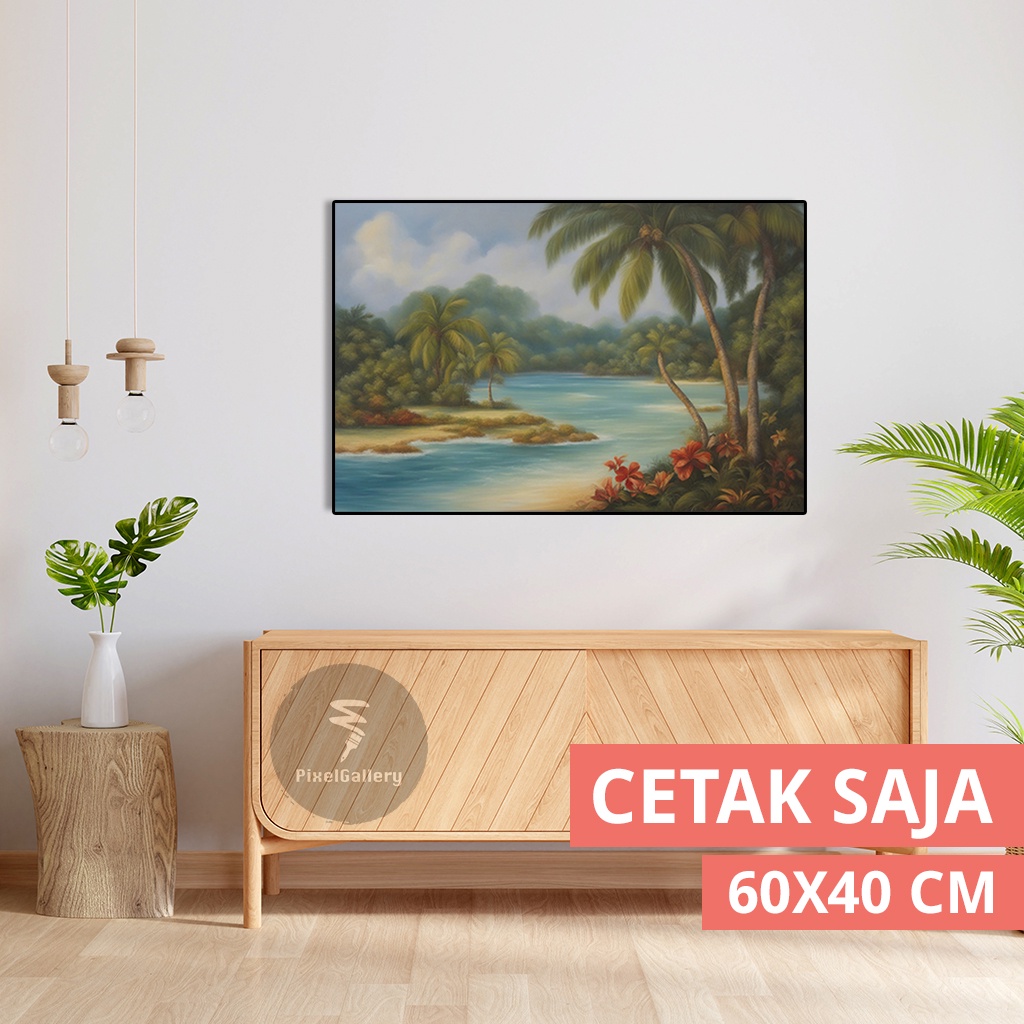 Lukisan JUMBO 60x40 Pemandangan Danau Pohon Kelapa II Hiasan Dinding Walldecor Estetik Pajangan Post