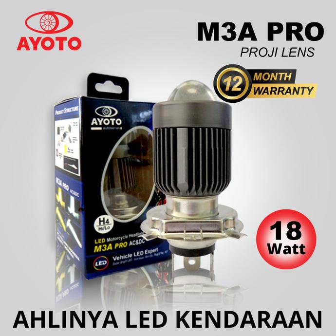 LAMPU LED UTAMA MOTOR PROJECTOR LASER AYOTO M3A PRO H4 HI/LO AC DC PNP