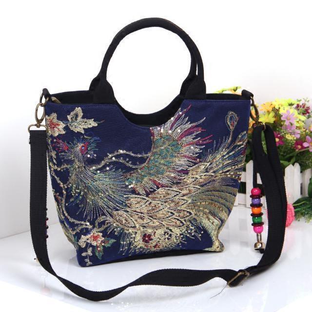 Burung Merak Phoenix Bordir Dua Sisi Tas Bahu Portabel Ringan