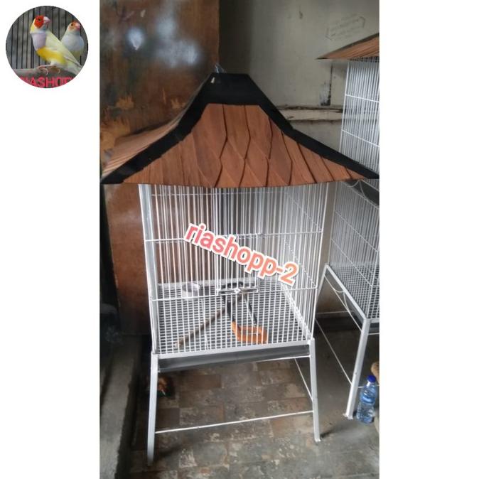 SANGKAR KANDANG BESI STANDING KOTAK KOLONI AVIARY MINI ATAP KAYU SIRAP