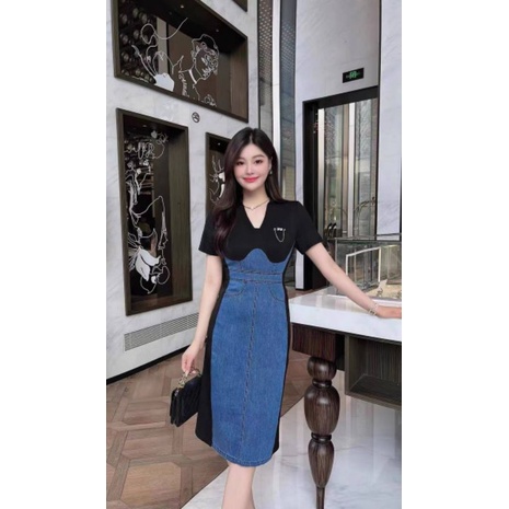 𝙍𝙚𝙖𝙙𝙮‼️️Heejin two tone denim midi dress mix jeans, ada 3 motif