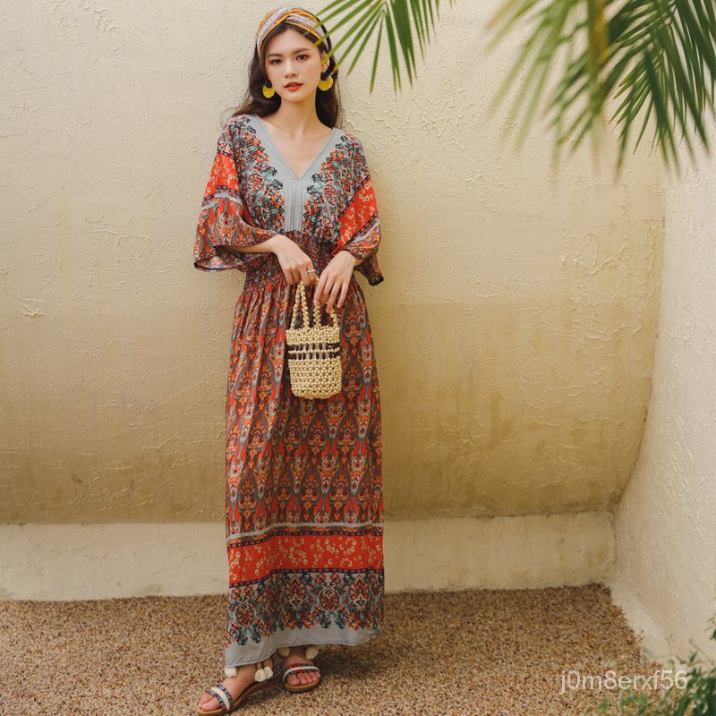 Real Shot Ethnic Style Beach Dress Printed Seaside Holiday Bohemian Dress plus Size Slimming Dress B