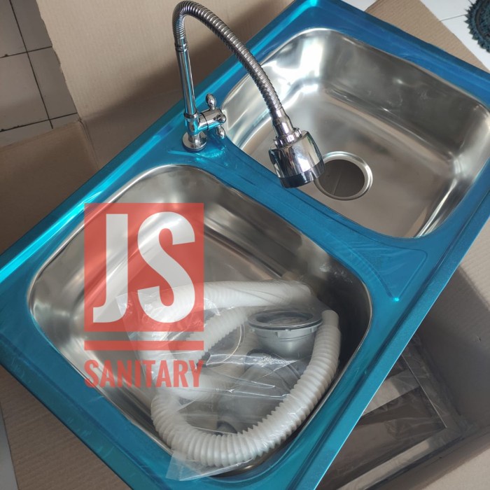 [Baru] Paket Bak Cuci Piring Meja Stainless  Kran Kaki Portable 2 Lobang Terbatas