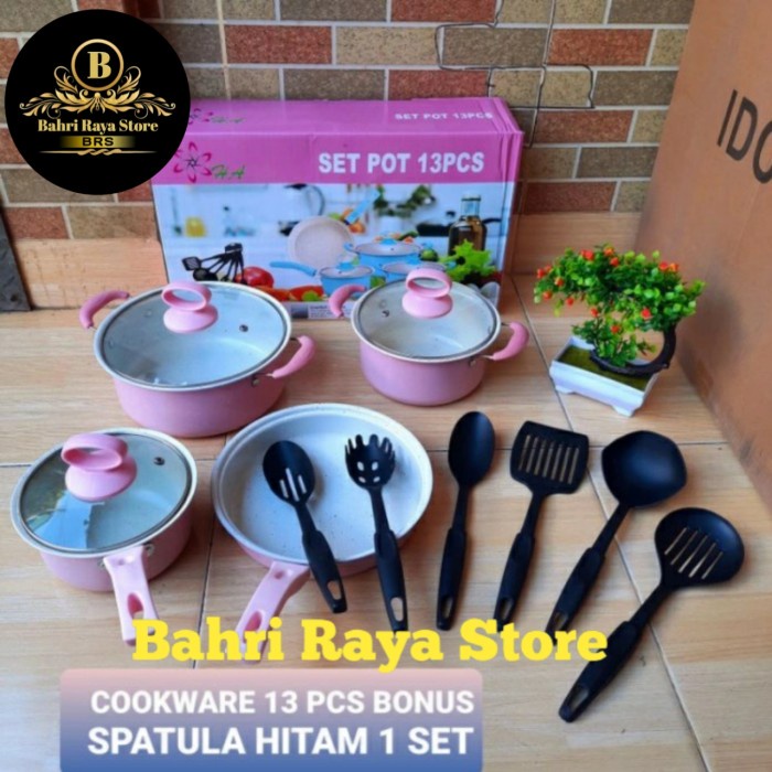 Promo Teflon Marble 13 Pcs Panci Set Cookware Set Tutup Kaca Spatula Teflon