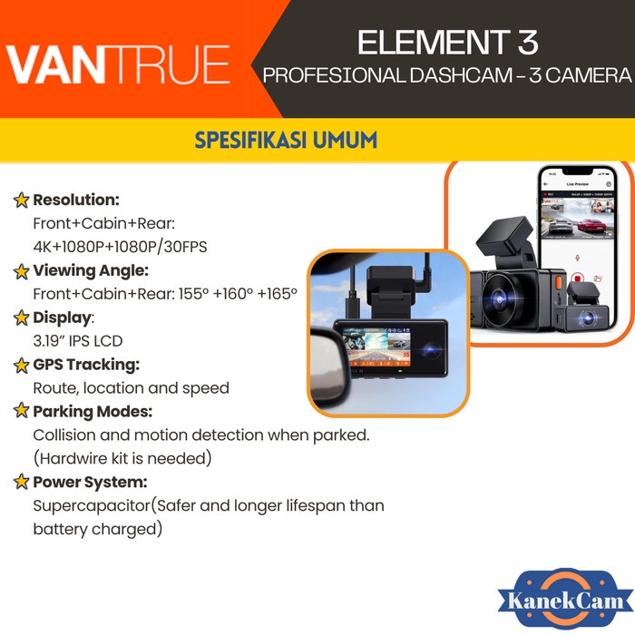 Promo Ready Stok 4K Dashcam 3Ch Vantrue E3 Profesional Dashcam 3 Camera